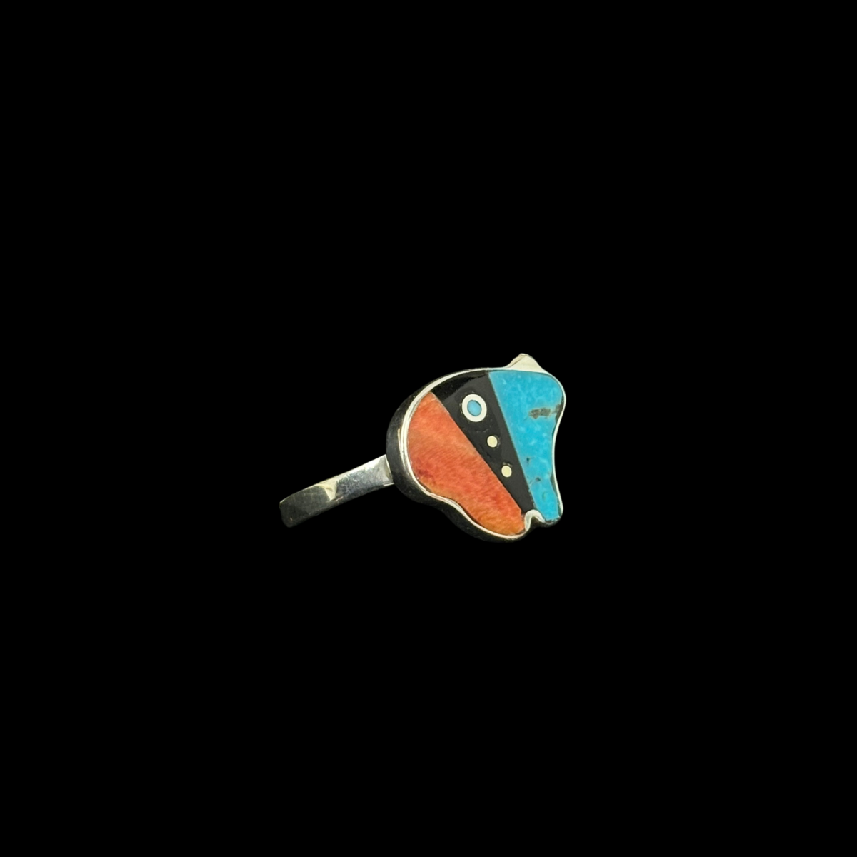 Turquoise, Jet, Spiny Oyster Inlaid Bear Ring by Jimmy Poyer