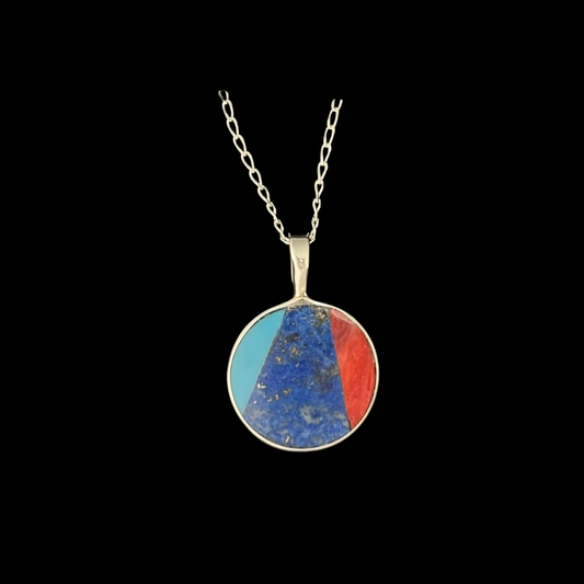 Turquoise, Lapis & Spiny Oyster Circle Pendant by Jimmy Poyer