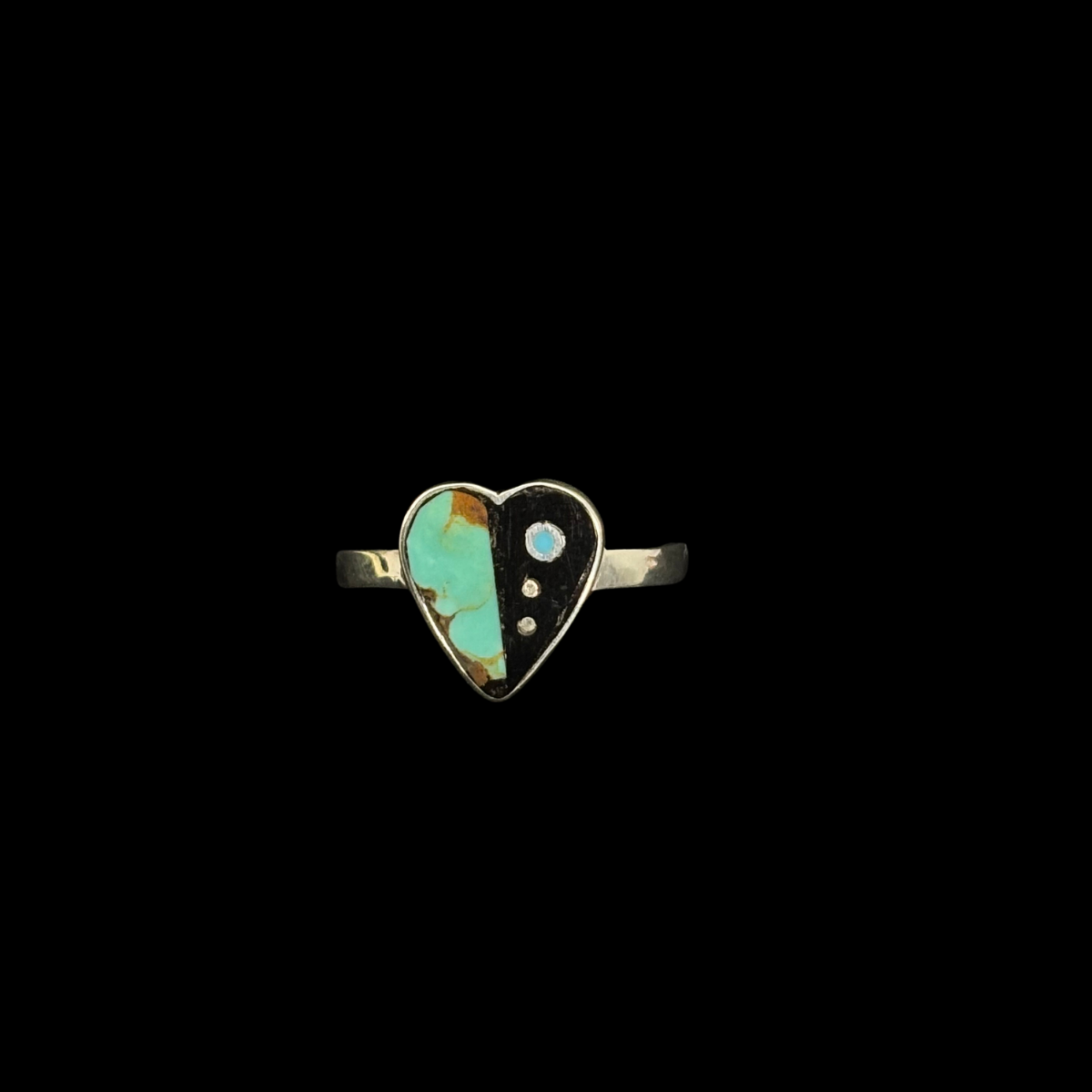 Turquoise and Jet Inlaid Heart Ring by Jimmy Poyer