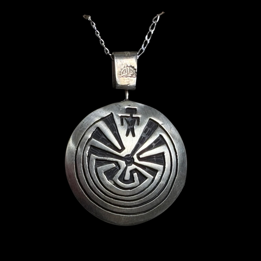 Hopi Reversible Sterling Silver Pendant by Leon Lomakema – Man in the Maze & Corn Maiden