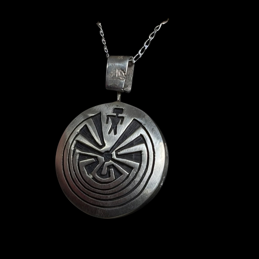 Hopi Reversible Sterling Silver Pendant by Leon Lomakema – Man in the Maze & Corn Maiden