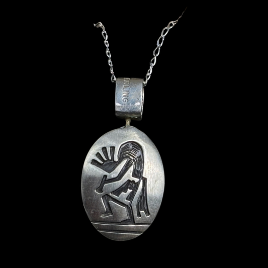 Hopi Reversible Sterling Silver Pendant by Leon Lomakema – Kokopelli & Turtle