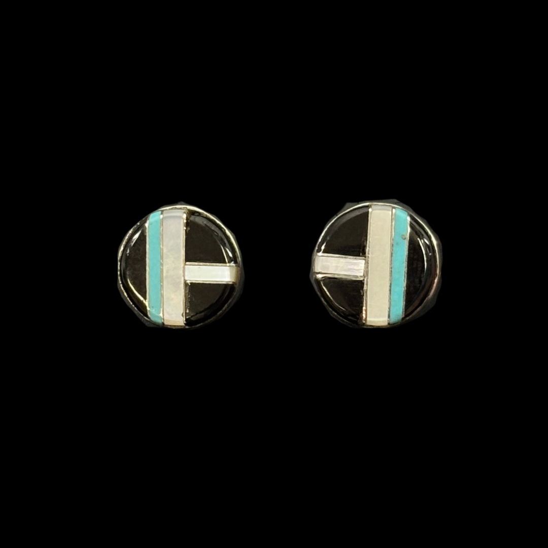 Zuni Inlaid Turquoise, Jet & Opal Earrings