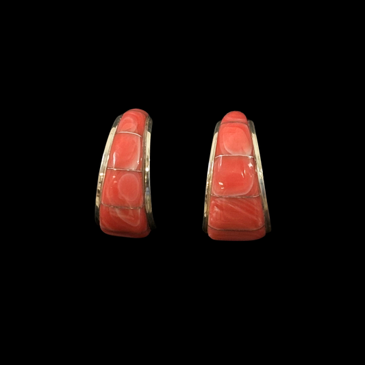 Zuni Spiny Oyster Inlaid Hoop Earrings