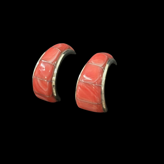 Zuni Spiny Oyster Inlaid Hoop Earrings