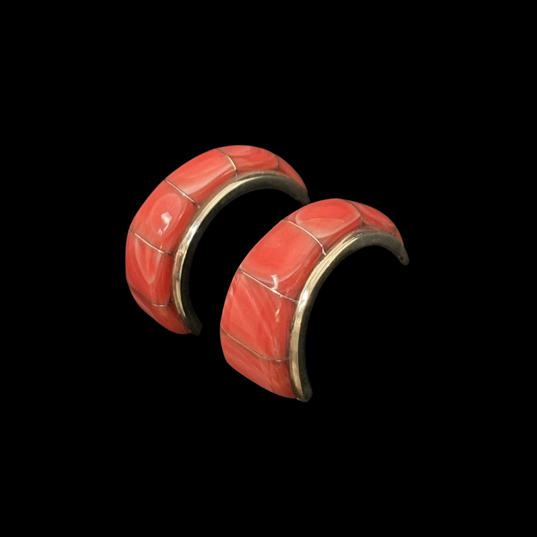 Zuni Spiny Oyster Inlaid Hoop Earrings