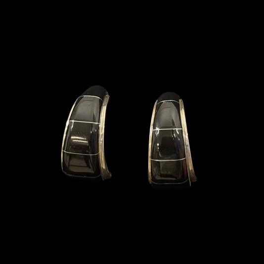 Zuni Jet Inlaid Hoop Earrings