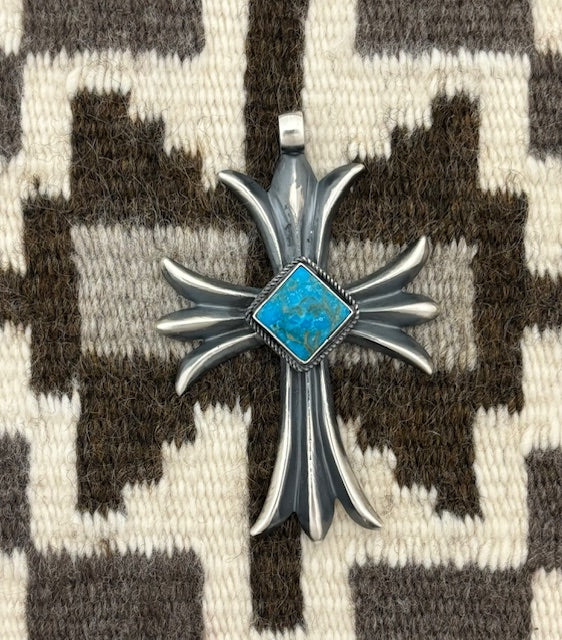 Navajo sandcast silver & turquoise cross