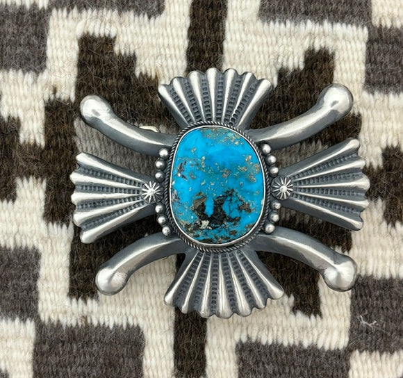 Navajo sandcast silver & turquoise belt buckle