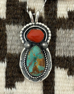 Navajo silver pendant with coral & Royston turquoise