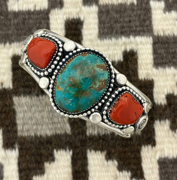 Navajo silver coral & turquoise bracelet