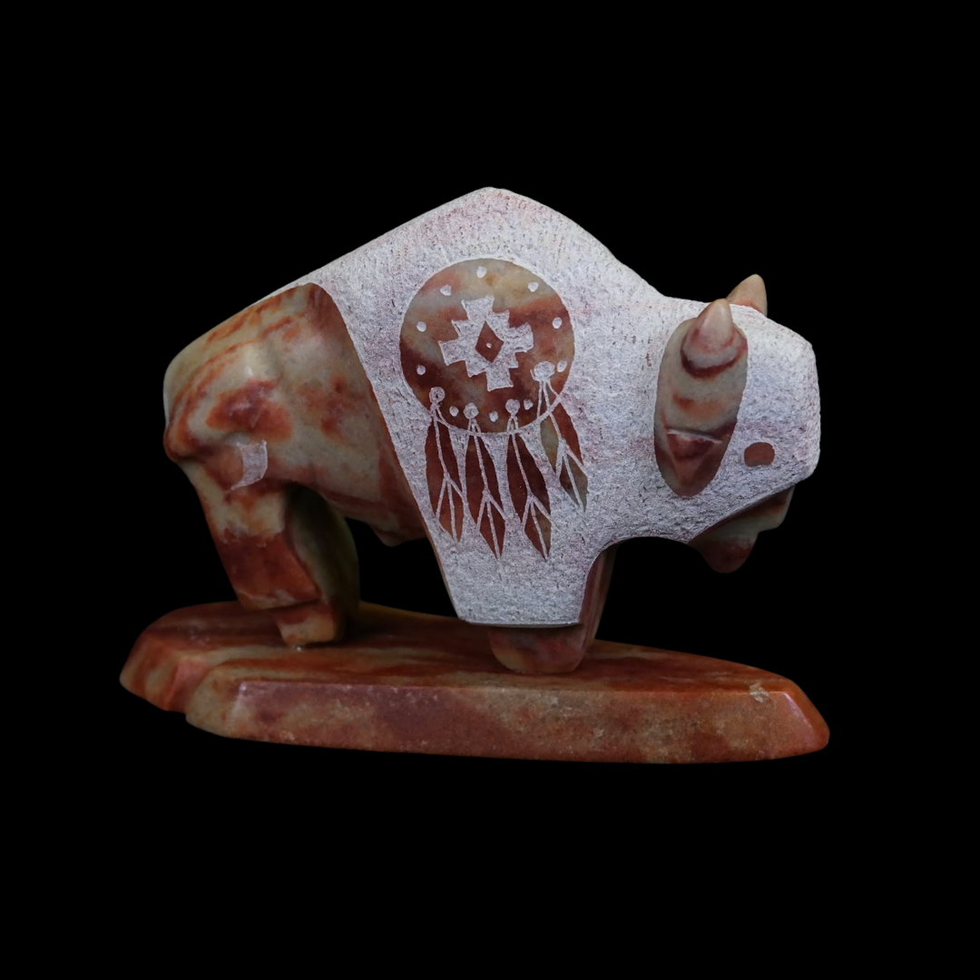 Dusky Rose Alabaster Buffalo Sculpture by Ray Todacheenie | Small