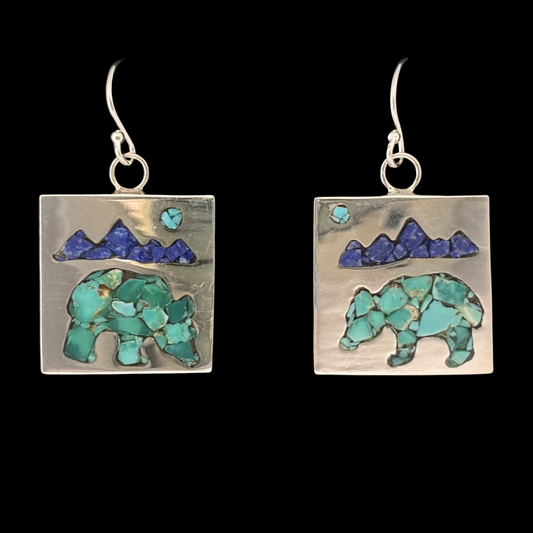 Sterling Silver Turquoise Bear Inlay Dangle Earrings by Andrew Lovato