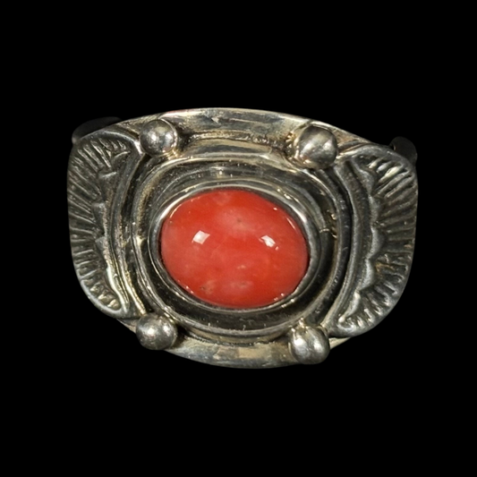 Navajo Red Coral Silver Ring – Size 9 | Traditional Southwest Stamped Sterling Silver