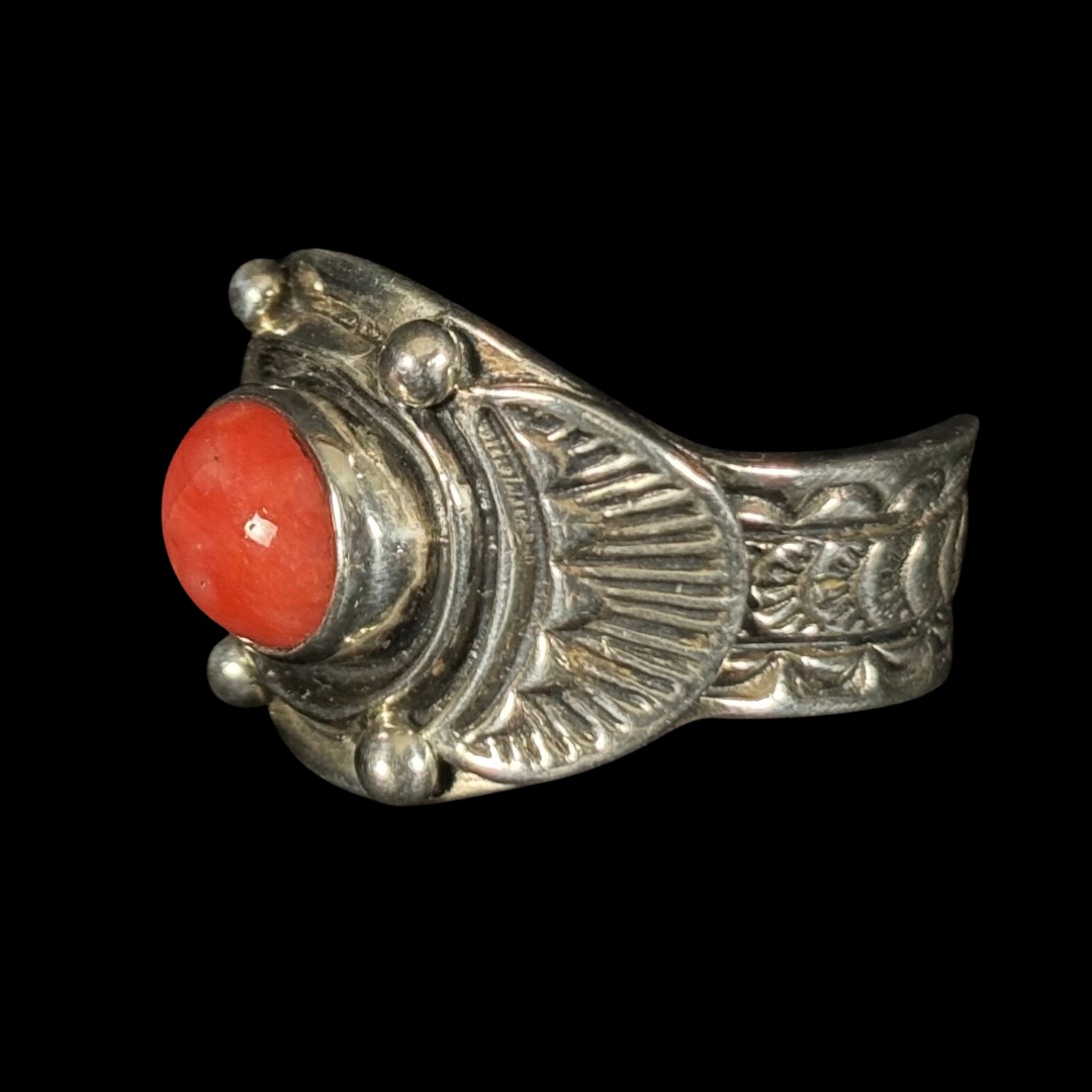 Navajo Red Coral Silver Ring – Size 9 | Traditional Southwest Stamped Sterling Silver