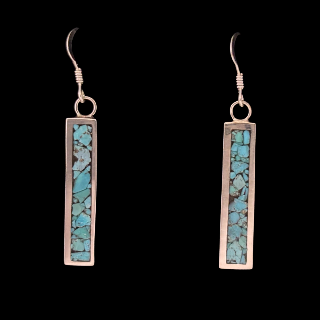Sterling Silver Deep Blue Turquoise Inlay Bar Dangle Earrings by Andrew Lovato