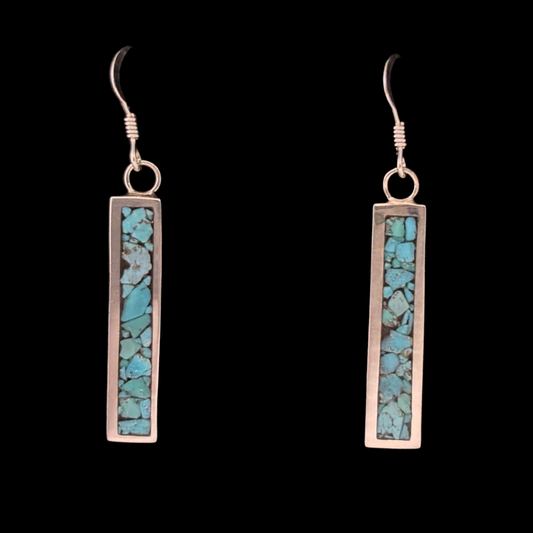 Sterling Silver Deep Blue Turquoise Inlay Bar Dangle Earrings by Andrew Lovato