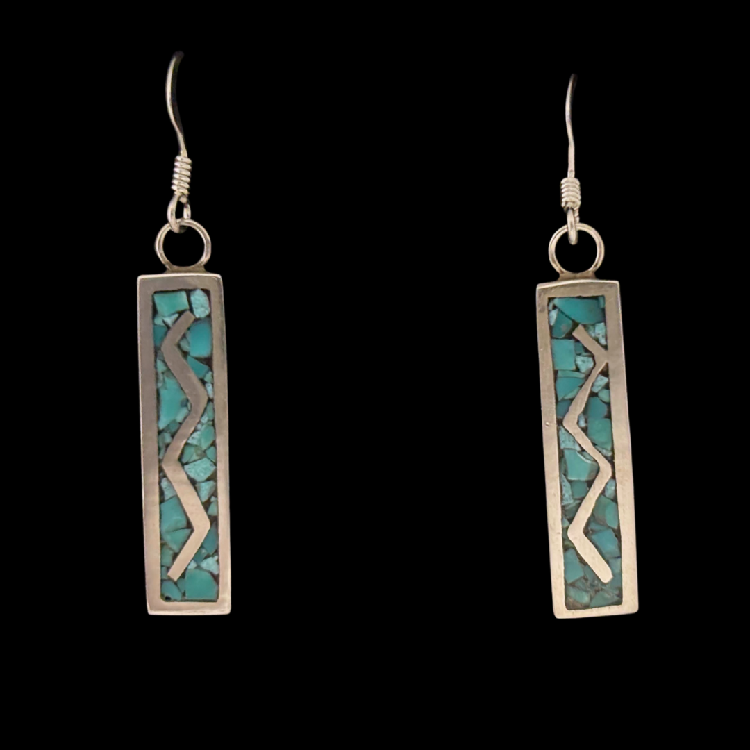 Sterling Silver Turquoise Inlay Lightning Bar Dangle Earrings by Andrew Lovato