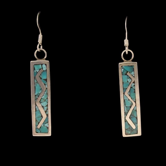 Sterling Silver Turquoise Inlay Lightning Bar Dangle Earrings by Andrew Lovato