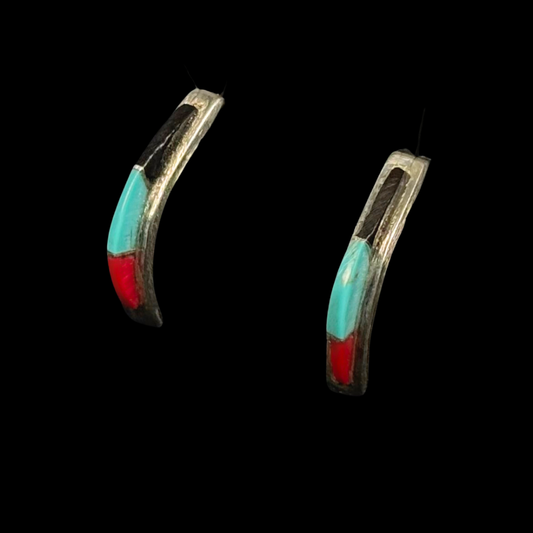 Zuni Inlay Half Hoop Earrings with Blue Bird Turquoise, Coral & Onyx | Sterling Silver Stud Earrings