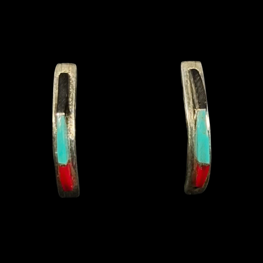 Zuni Inlay Half Hoop Earrings with Blue Bird Turquoise, Coral & Onyx | Sterling Silver Stud Earrings