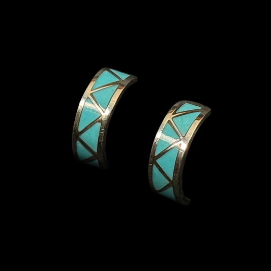 Zuni Inlay Half Hoop Earrings with Blue Bird Turquoise | Sterling Silver Stud Earrings
