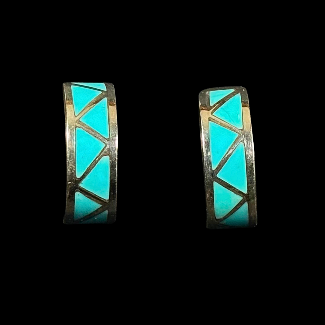 Zuni Inlay Half Hoop Earrings with Blue Bird Turquoise | Sterling Silver Stud Earrings