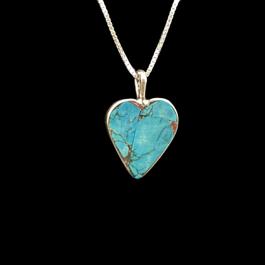 Navajo Turquoise Inlay Heart Sterling Silver Pendant by Jimmy Poyer