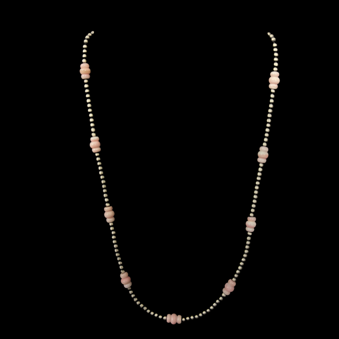 Authentic Navajo Pearl Necklace with Pink Conch Accents – 20" Sterling Silver Handmade Necklace