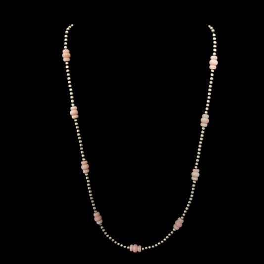 Authentic Navajo Pearl Necklace with Pink Conch Accents – 20" Sterling Silver Handmade Necklace