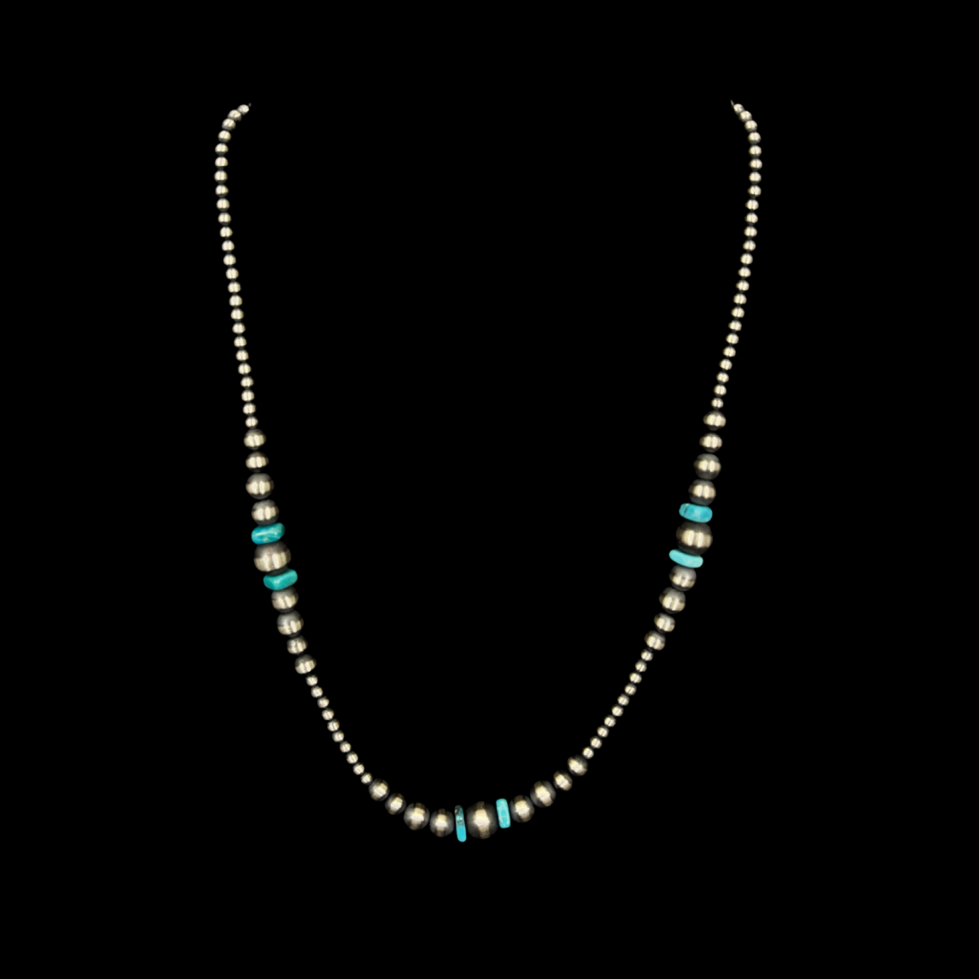 Authentic Navajo Pearl Necklace with Mixed Sterling Silver Beads & Turquoise Accents – 18"