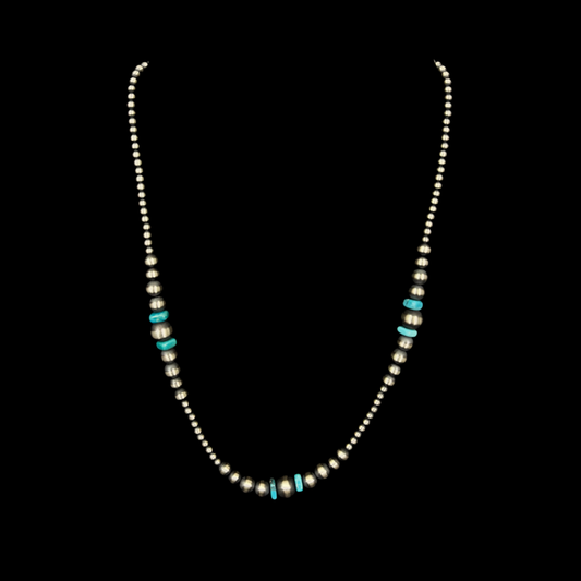 Authentic Navajo Pearl Necklace with Mixed Sterling Silver Beads & Turquoise Accents – 18"