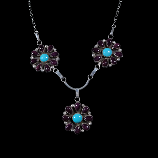 Navajo Silver Necklace with Blue Bird Turquoise & Spiny Oyster Cluster Pendants