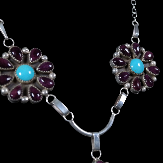 Navajo Silver Necklace with Blue Bird Turquoise & Spiny Oyster Cluster Pendants