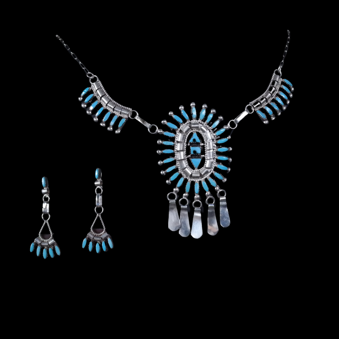 Sterling Silver Necklace & Earring Set with Blue Bird Turquoise Cluster