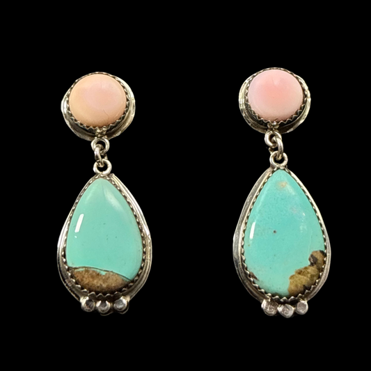 Turquoise and Pink Conch Earrings by Nelson Morgan