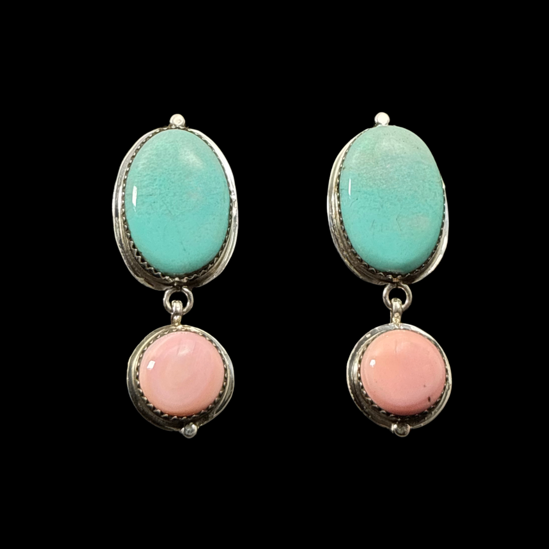 Turquoise and Pink Conch Earrings by Nelson Morgan