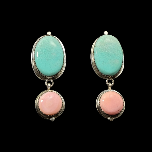 Turquoise and Pink Conch Earrings by Nelson Morgan