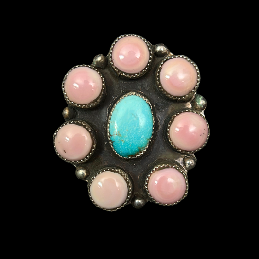 Calvin Butler Jr. Navajo Turquoise and Pink Conch Cluster Ring | Size 9.5