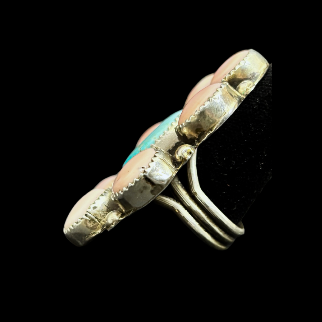 Calvin Butler Jr. Navajo Turquoise and Pink Conch Cluster Ring | Size 9.5