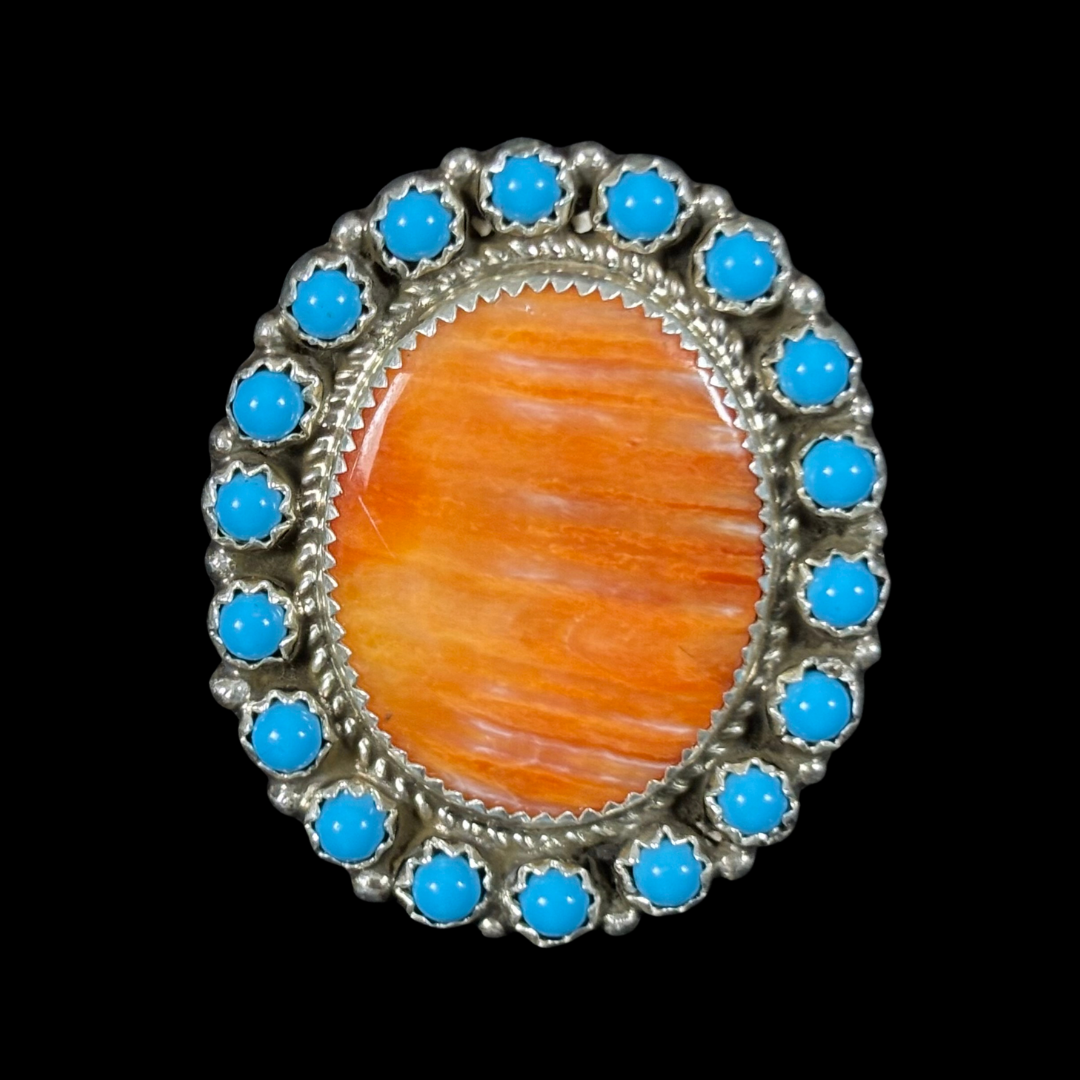 Navajo Turquoise & Spiny Oyster Cluster Ring – Size 8 Adjustable | Sterling Silver Statement Ring