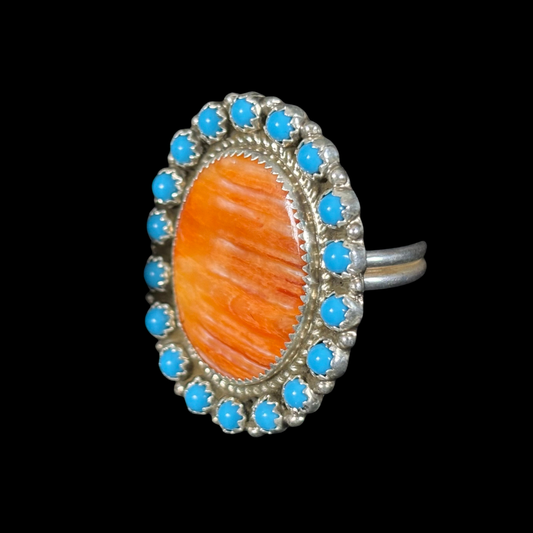 Navajo Turquoise & Spiny Oyster Cluster Ring – Size 8 Adjustable | Sterling Silver Statement Ring