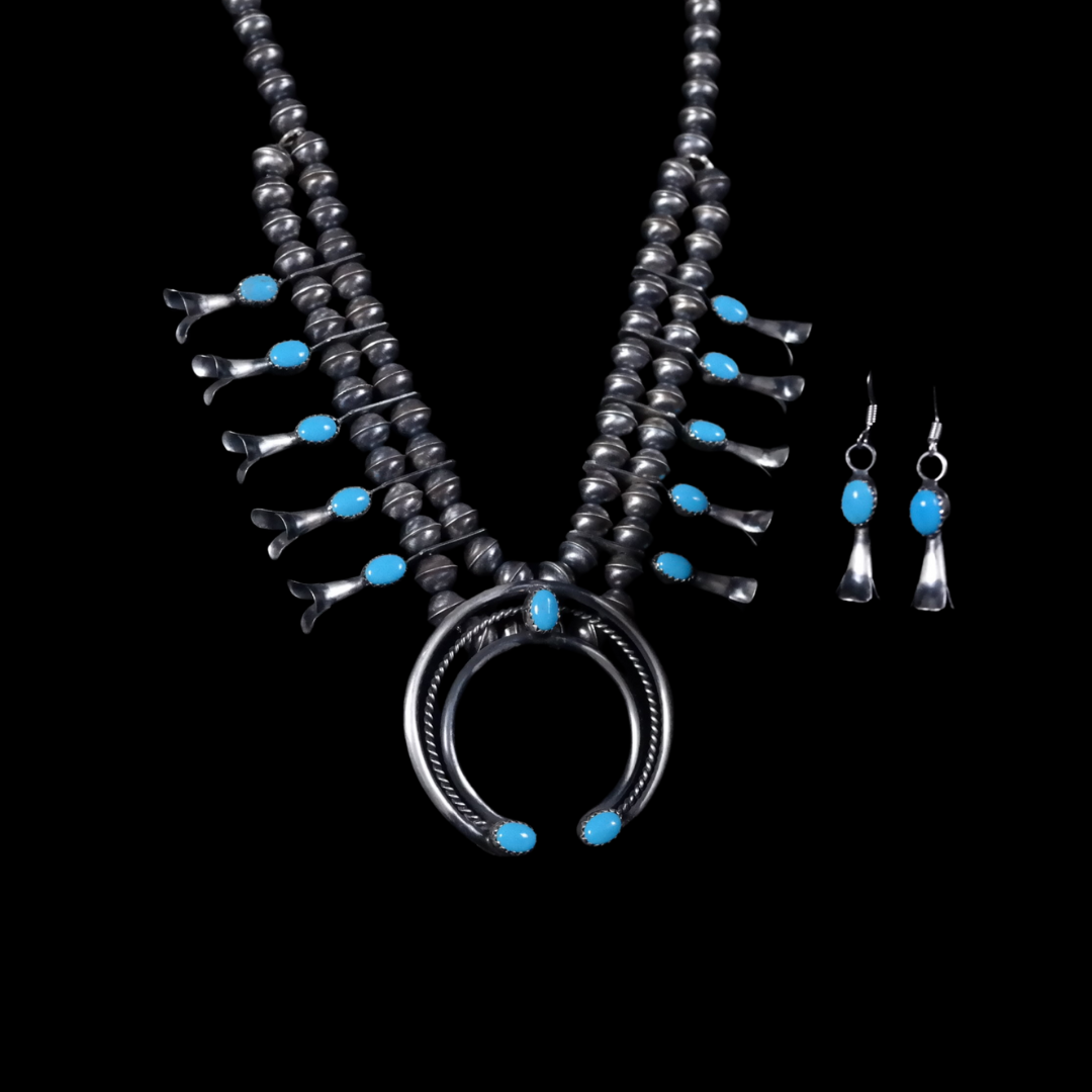 Navajo Squash Blossom Necklace & Earring Set with Turquoise