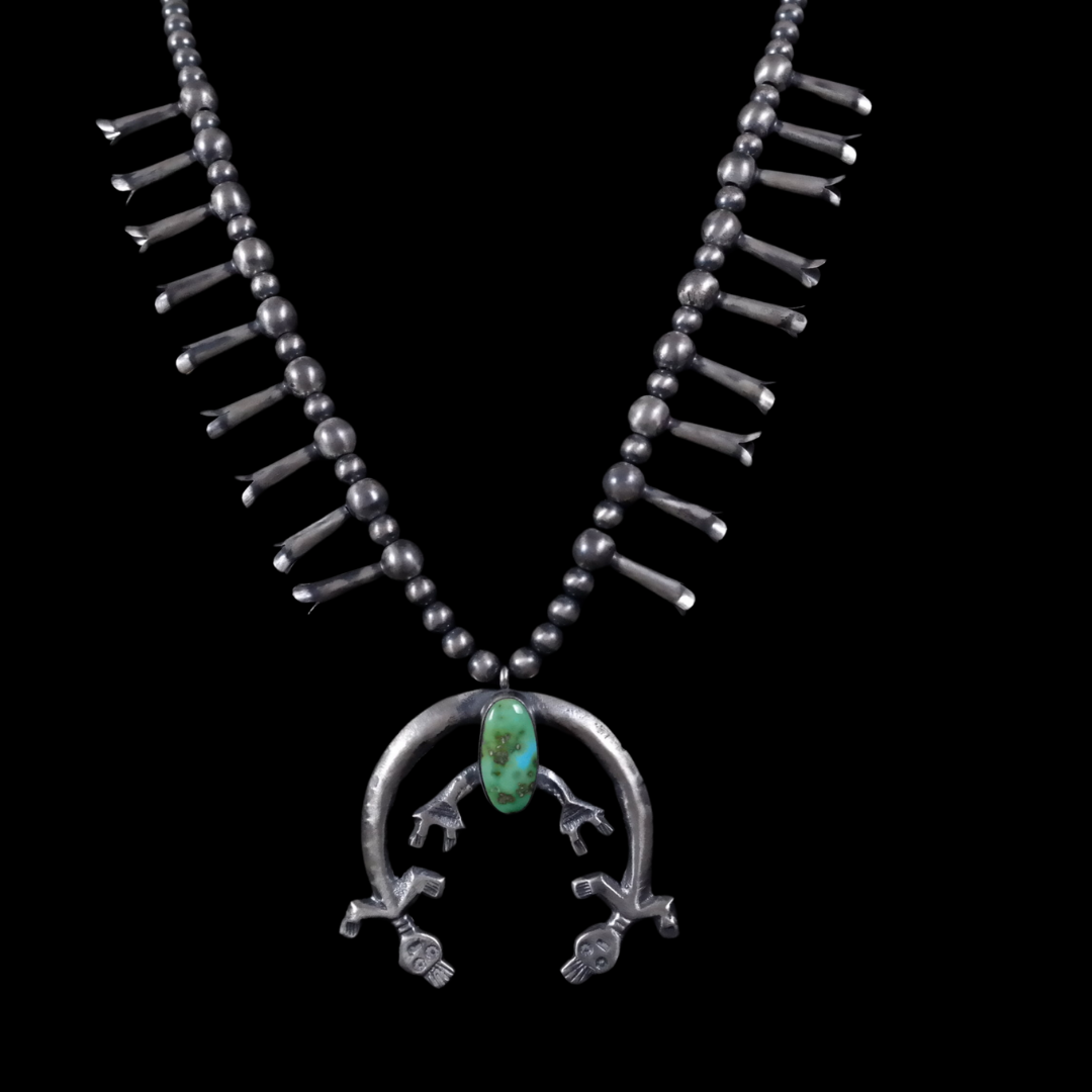 Navajo Squash Blossom Necklace with Sonoran Gold Turquoise & Yei Naja Pendant