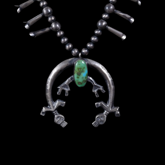 Navajo Squash Blossom Necklace with Sonoran Gold Turquoise & Yei Naja Pendant