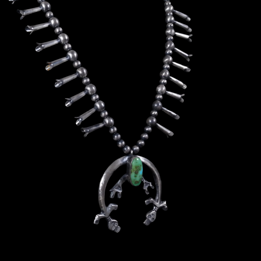 Navajo Squash Blossom Necklace with Sonoran Gold Turquoise & Yei Naja Pendant