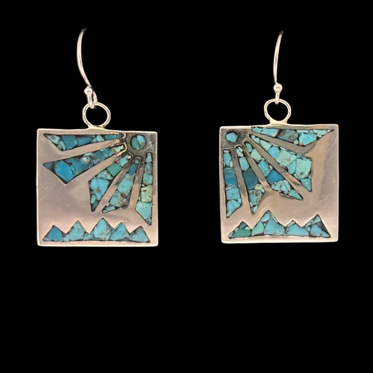Sterling Silver Turquoise Pictorial Inlay Dangle Earrings by Andrew Lovato