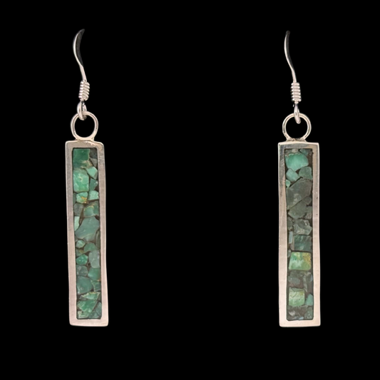 Sterling Silver Forest Green Turquoise Inlay Bar Dangle Earrings by Andrew Lovato