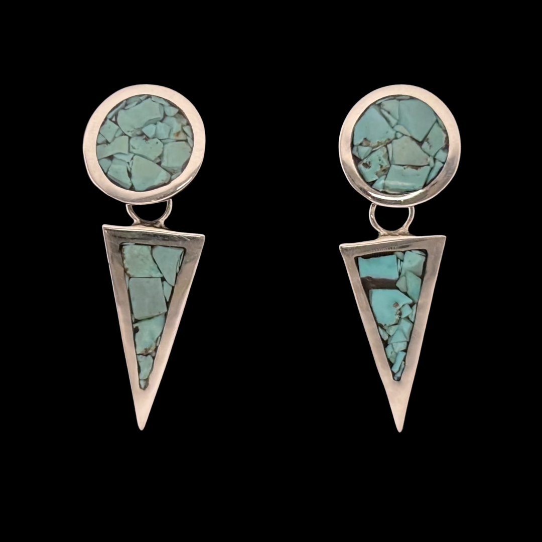 Sterling Silver Turquoise Inlay Circle & Triangle Dangle Earrings by Andrew Lovato