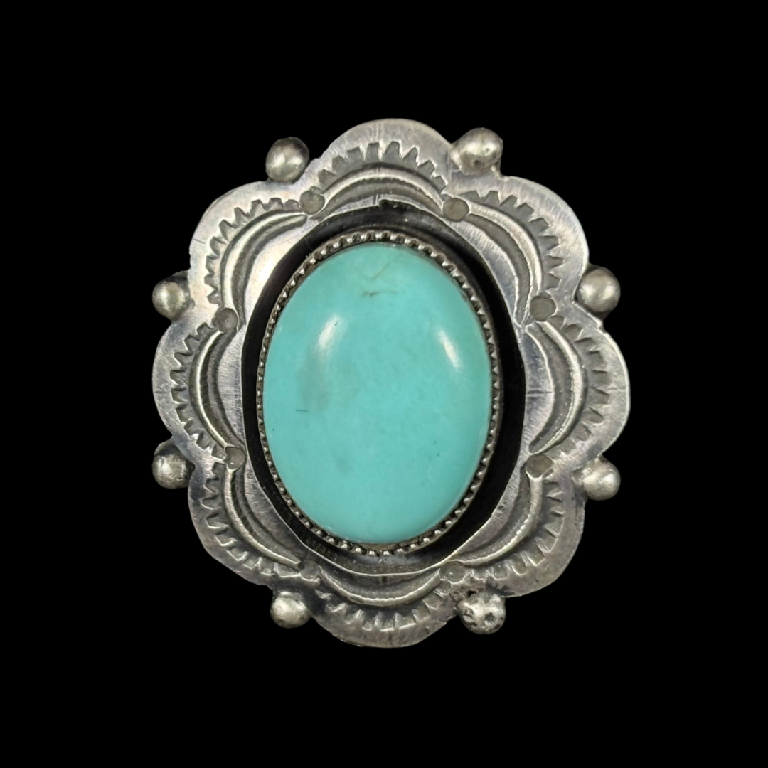 Navajo Turquoise Ring – Size 8 Adjustable | Stamped Sterling Silver Southwest Design